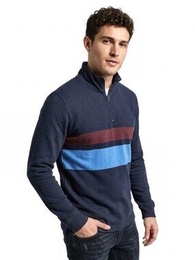 WeSC Malte Quarter-Zip Striped Pullover, Navy, Mens Size Large